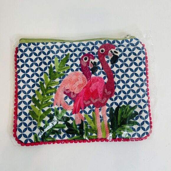 Karma Living Handbags - Karma Living Twin Flamingo Pouch Travel Bag New Make Up Pencil Cotton 6x8”
